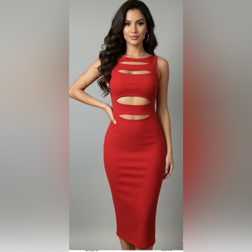 Hera Collection Red Midi Bodycon Dress - Sexy Front Cut-Outs - Size S